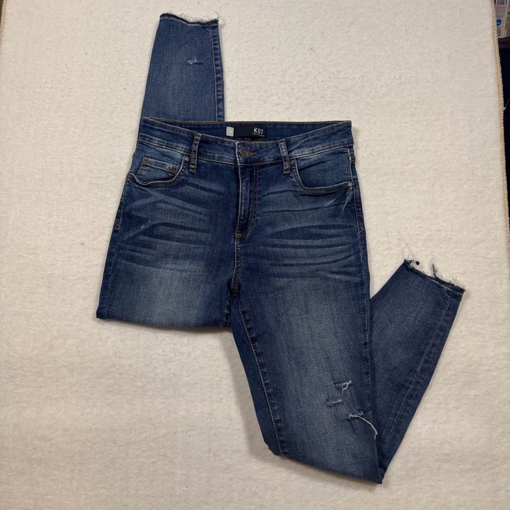 Kut from the Kloth Donna High Rise Ankle Skinny Jeans Blue Distressed Raw Hem 4